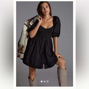 ANTHROPOLOGIE Maeve Puff-Sleeved Sweetheart Mini Dress in Black - Size Medium